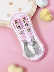 THE POWERPUFF GIRLS X SHEIN Cute Cartoon Cheese Shaped Silver 2-Piece Spork Set, Tableware, Tableware, - Pink - View 2