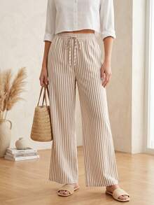 Palazzo Striped Pants With Elastic Waist - Beige - View 2