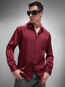 Zorclune 男士商务休闲胸带设计斜纹长袖衬衫 - 酒紅色 - 查看 4
