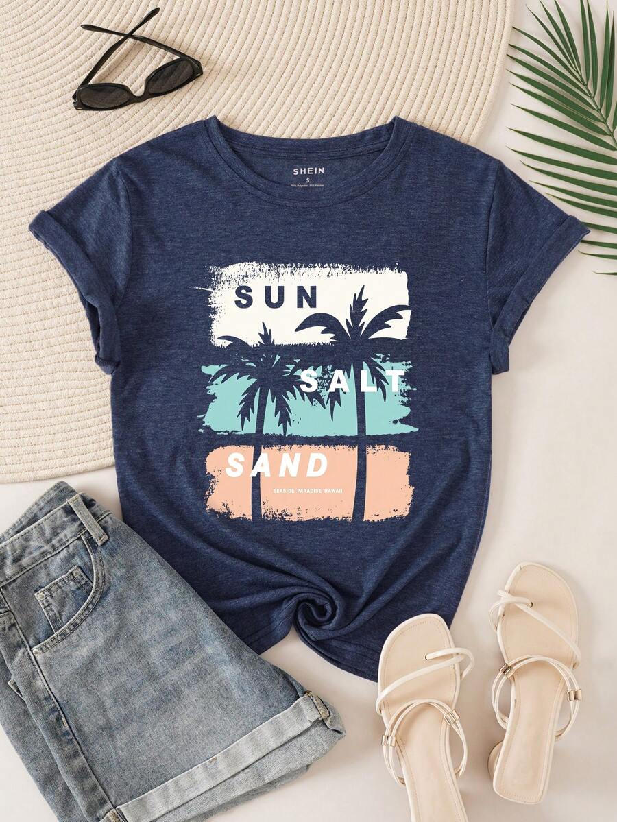SuriyaCove Contrast Color Coconut Tree & Letter Printed T-Shirt Graphic Tees Women Tops - Navy Blue - View 1