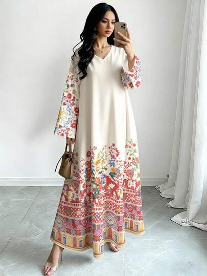 SHEIN Najma Đầm dài tay cổ chữ V in họa tiết hoa và trái tim đối xứng cổ điển màu mơ nhạt, thời trang nữ, trang phục phong cách Ả Rập thanh lịch, đầm maxi dài duyên dáng cho mùa xuân/hè.