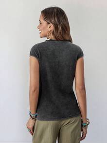 Wildy Áo thun cổ chữ V dáng rộng, phong cách BOHO, thích hợp cho lễ hội nhạc đồng quê, cổ điển, chất liệu denim bạc màu và có túi, dành cho nữ, thích hợp mặc mùa hè. - màu đen - Xem 2