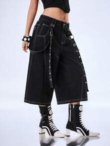 Y2Kool BiGraphic Quần jeans nữ dáng rộng ống lửng 7/8, cạp chun. - màu đen - Xem 4