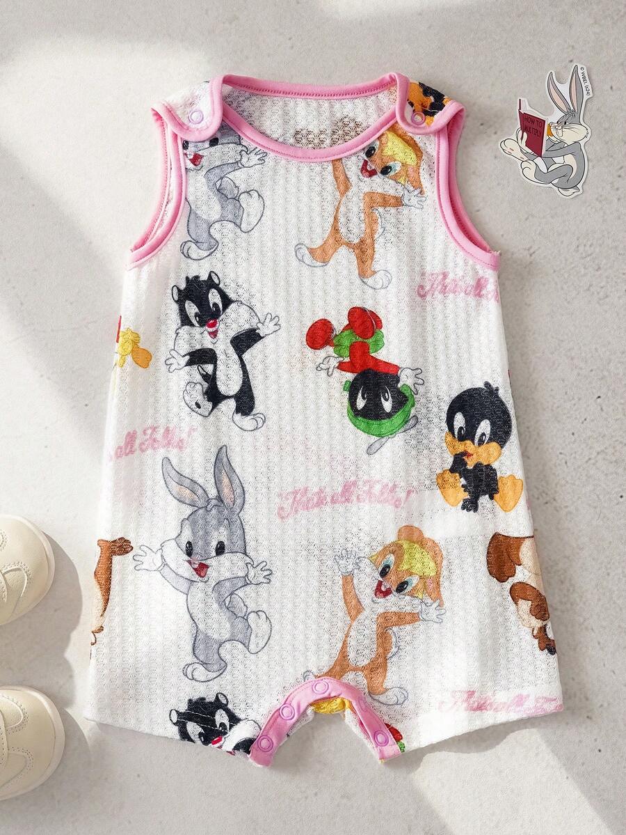 LOONEY TUNES X SHEIN Bộ áo liền quần không tay in hình động vật hoạt hình cho bé gái. - Màu Hồng baby - Xem 1
