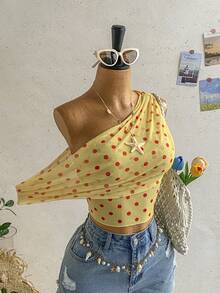 Soleia Cute Summer Polka Dot Yellow Asymmetrical One Shoulder Layered Top,Boho Beach Holiday Wear For Women,Versatile Casual Vacation Date Wedding Top - Light Yellow - View 1