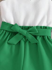 SHEIN Young Girl Cute Summer White Camisole Elastic Waist Jumpsuit - Green - View 4