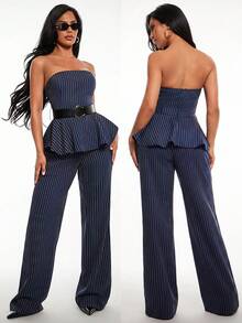Radiana Bộ 2 món dành cho nữ, áo ống kẻ sọc xanh navy và trắng, kiểu dáng công sở gợi cảm, quần ống đứng, dễ phối đồ, phong cách cổ điển, phù hợp cho đi làm, văn phòng, đi chơi, mua sắm, dự tiệc. - Màu xanh hải quân - Xem 9