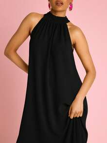FASHION SZN Đầm maxi dáng chữ A cổ yếm, kiểu dáng thướt tha, thích hợp cho nữ đi nghỉ mát, du lịch hè, thanh lịch, dự tiệc tối, dự đám cưới, sinh nhật, tiệc tùng ở Ibiza, dáng rộng, phong cách boho không tay. - màu đen - Xem 4