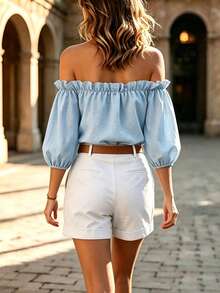 Balvessa New Arrival French Style Off-Shoulder Petal Sleeve Top - Baby Blue - View 2