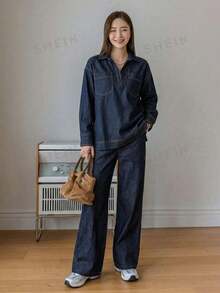 Dazy-Less Women's Casual Top And Jeans Set Business Casual Woman - Blue - View 3