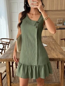 Elouméa Gaun Mini A-Line Wanita dengan Kerah Asimetris, Kancing, Kain Bertekstur, dan Hem Bergelombang, Kasual untuk Liburan Musim Panas - Hijau Tentara - View 6