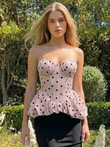 Charm Top Bandeau With Underwire, Featuring Asymmetrical Ruffles And A Romantic Black And White Polka Dot Print, For Women - 羅莎 - 查看 3