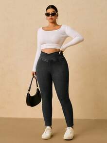 SHEIN Tall CURVE 大码女式不对称腰身修身休闲牛仔裤 - 黑色 - 查看 1