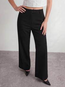 SHEIN ICON 女款休閒極簡黑色拉鍊開襟寬鬆直筒長褲，適合日常穿著、冬季女裝、老錢風、高腰、復古工裝風、商務休閒女裝、辦公室商務女裝長褲、小個子女裝商務休閒 - 黑色 - 查看 8