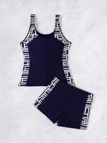 Swim Lushoire Bộ 2 món đồ bơi tankini mùa hè mới, màu kaki, họa tiết hình học ngẫu nhiên, không tay, ôm dáng, xếp ly, kín đáo, quần bơi ngắn, áo bơi thể thao nữ, dây mảnh. - Màu xanh hải quân - Xem 3