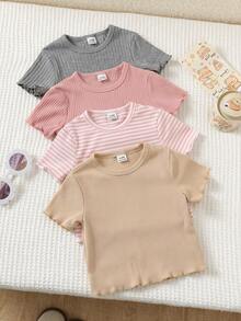 SHEIN Baby Girl Comfortable Ribbed Crew Neck Short Sleeve Top, Summer - Multicolor - View 4