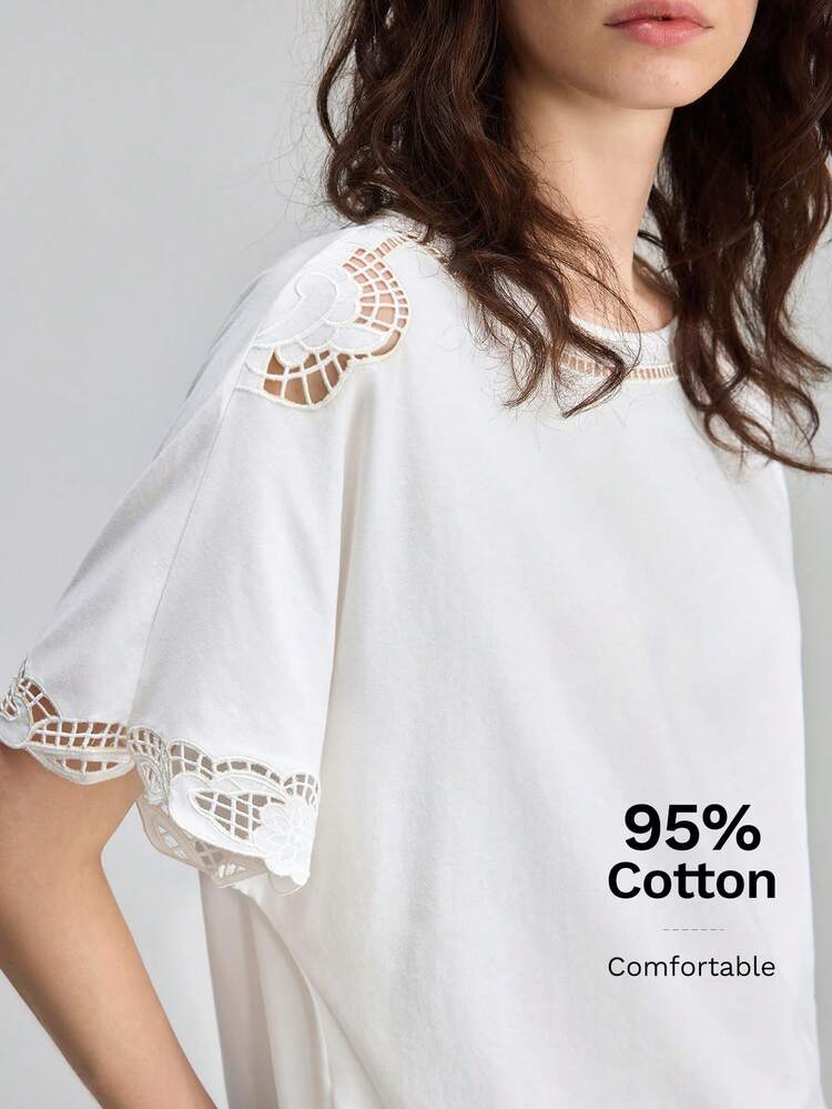 Women's Solid Color Lace Patchwork Round Neck Short Sleeve Top, Summer All-Season Versatile Modern Urban Fashion Business Casual Women's Wear Office Attire Understated Old-Money Style, Elegant And Sophisticated, High-Quality Commuter And Airport Clothes Bohemian Style Vacation Outfits Seaside Women's Clothing, Country Music Concert Style, Western Style Clothing, Nomadic Casual Fashion Boho
