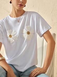 Bóhologie Women's White 3D Floral Applique Loose Short Sleeve 100% Cotton T-Shirt, Adorned With Cute Daisy Pattern, Fashionable Casual Summer Style, Comfortable Relaxed Fit - White - View 9