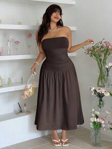 GalTyme Plus Size Solid Color Pleated Casual Everyday Dress - Chocolate Brown - View 5
