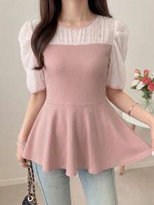 FRIFUL Women's Contrast Color Patchwork Sheer Lace Slim Fit Casual T-Shirt, Suitable For Spring And Summer - Pink - View 6