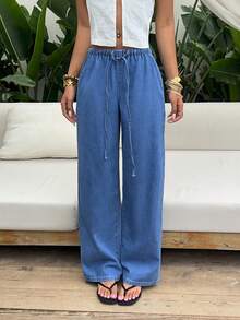 SHEIN Holidaya Quần jeans nữ dáng rộng, thoải mái, tối giản, đa năng, cạp chun, ống rộng, thích hợp mặc hàng ngày đi làm. - Màu xanh lam - Xem 3