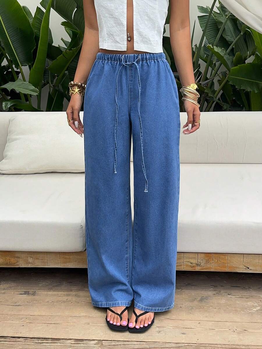 SHEIN Holidaya Quần jeans nữ dáng rộng, thoải mái, tối giản, đa năng, cạp chun, ống rộng, thích hợp mặc hàng ngày đi làm. - Màu xanh lam - Xem 1