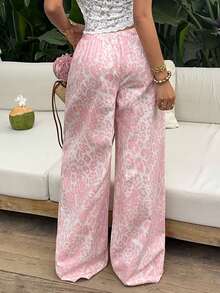 SHEIN 女士豹纹系带阔腿宽松牛仔裤 - 粉色 - 查看 2