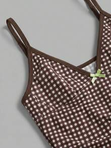 Sweetra CURVE 2026 Nuevo Conjunto de 2 Piezas Talla Grande para Mujer Estampado Geométrico Aleatorio Vacaciones Casual Minimalista Adelgazante Modesto Lazo Tirante Grueso Ajustable Cintura Alta Playa - Marrón - Ver 3