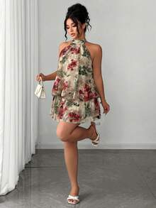 Elenzga Plus Size Women's Elegant Beige Summer Boho Vacation Holiday Chiffon Jacquard Double-Layer Sleeveless Bubble Hem Dress With Tie For Party Wedding - Apricot - View 4