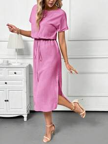 SHEIN Clasi Đầm ngắn tay cổ tròn dáng suông màu mơ, thích hợp cho kỳ nghỉ hè, dạo chơi và đi làm hàng ngày. - Màu Hồng Tươi - Xem 3
