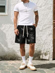 ROMWE MEN Pantalones cortos casuales con bolsillo en diagonal, decoración de diamante de imitación y cordón en la cintura para hombre, estilo urbano - Negro - Ver 7
