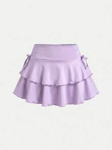 SHEIN Girlism Tween女孩/Tween女孩休閒黑色針織抽繩腰褶皺下擺裙，紫色 - 紫色 - 查看 3