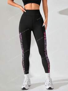 SHEIN Sports 女士斑马豹纹休闲运动紧身裤瑜伽裤 - 黑色 - 查看 6