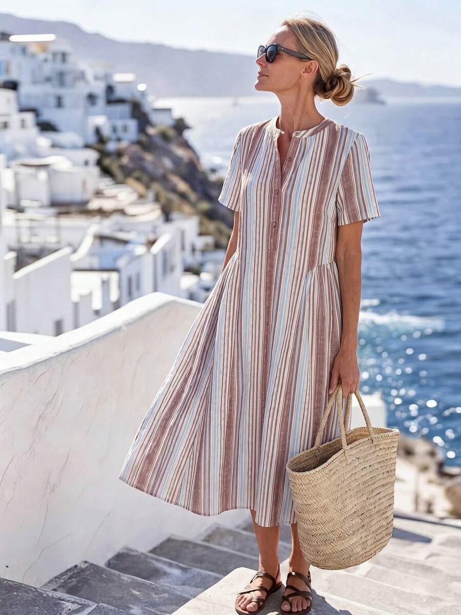 Faunlyn Women's Striped Multicolor Button Half-Placket Round Neck Dress - Multicolor - View 1