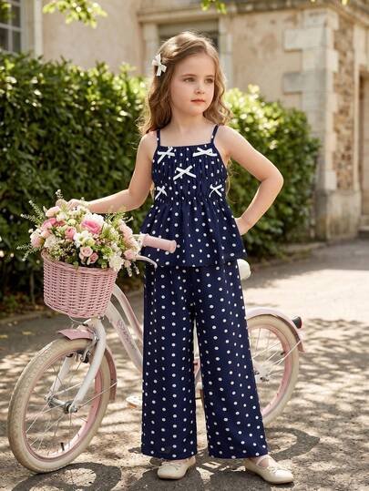 SHEIN 2pcs Young Girl Chiffon Polka Dot Camisole And Loose Casual Pants Set