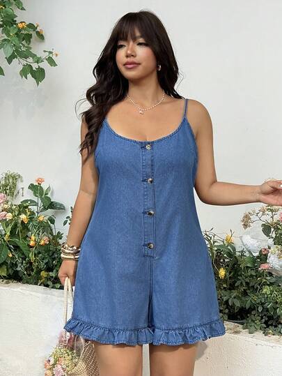 GalTyme Plus Size Women Pleated Casual Everyday Denim Romper Summer Carnival Costume Commuting Vacation Graduation Chic Y2k Cute Streetwear Coquette Party Wedding Elegant Business Casual Woman Business Beach Graduation Women Fashion Denim Cami Jumpsuit With Button Front And Ruffle Hem Casual Summer Style Playsuit Ruffle