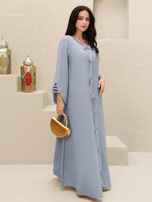 Yasmyna Đầm dự tiệc kiểu Ả Rập màu trơn buộc dây dành cho nữ - Màu xanh lam - Xem 5