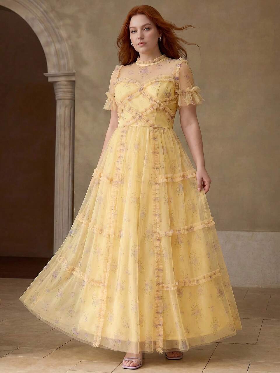 PLUS SIZE WOMEN ORGANZA FLORAL PRINT RUFFLE TRIM WAIST TIE DRESS