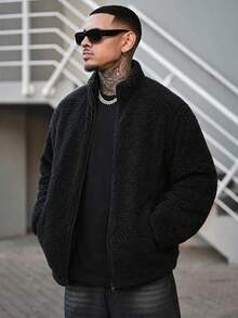 Devon Thys 男士休闲纯色长袖外套，秋冬季百搭单品 - 黑色 - 查看 1