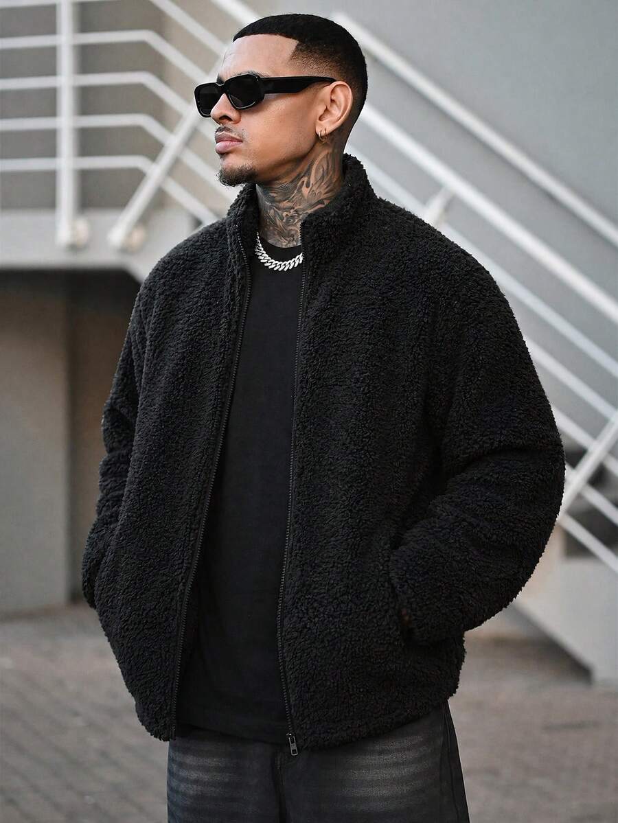 Devon Thys 男士休闲纯色长袖外套，秋冬季百搭单品 - 黑色 - 查看 1