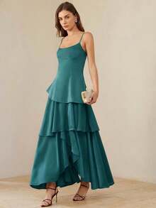 BELROSIE Sexy French Elegant Layered Hem Spaghetti Strap Dress, Plunging Neckline Backless Sleeveless - Blue - View 3