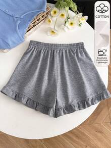 Resyla Pantalones cortos de mujer de verano, de unicolor, con volantes en el bajo y cordón en la cintura - Gris - Ver 2
