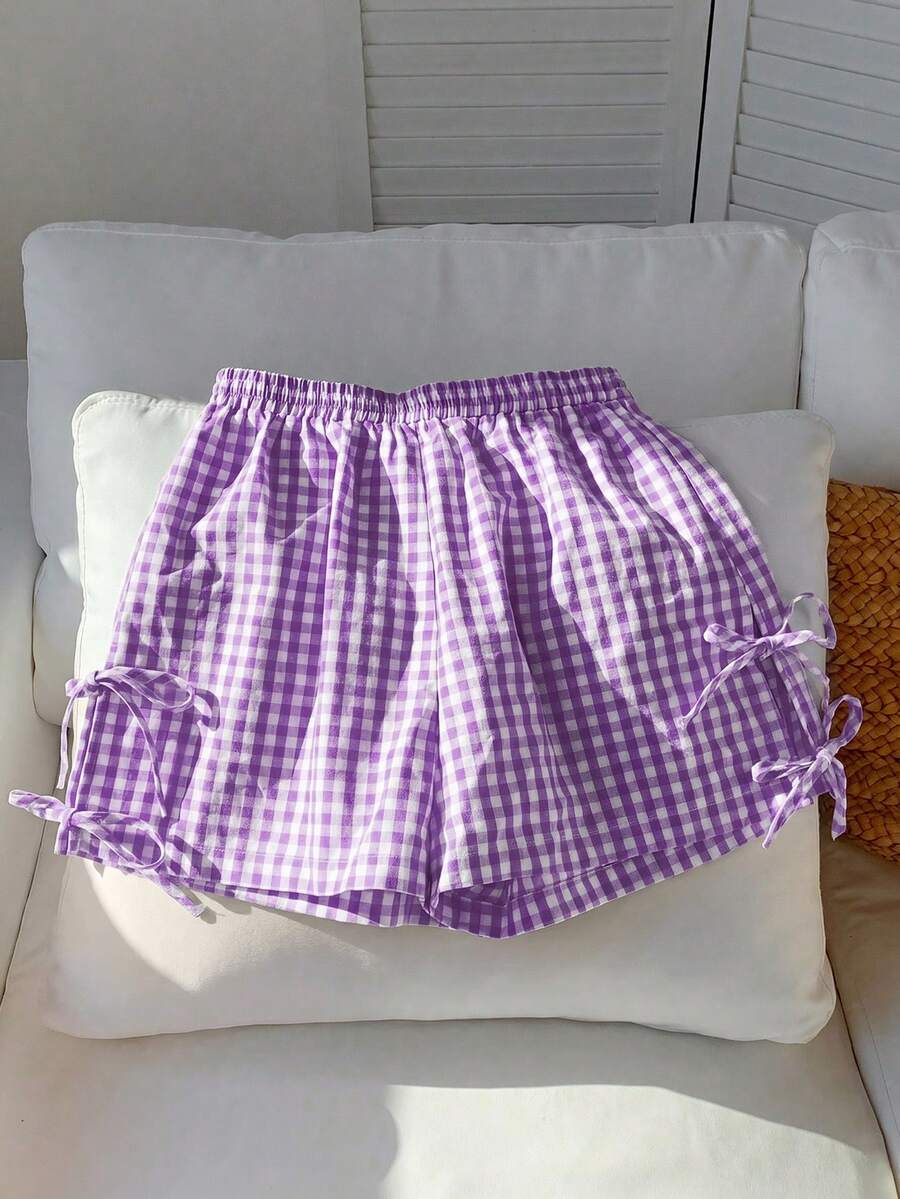 Comfortcana Quần short dáng rộng màu tím kẻ caro trang trí nơ, thích hợp mặc mùa xuân/hè. - Màu tím - Xem 1