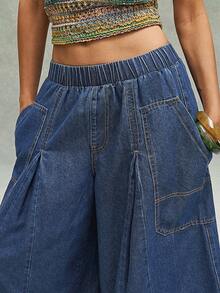 Bohemela BohoFeels Tenue bohème printemps/été : Pantalon ample en denim lavé, coupe large et cropped, style bohème décontracté pour femme. Parfait pour les escapades décontractées, les concerts de style western/country, les festivals de musique et les soirées. Convient pour les tenues de vacances à la plage, le port quotidien, la rentrée scolaire, les sorties et les soirées. Idéal aussi pour les looks inspirés des années 2000, la mode Y2K et les tenues estivales. - Bleu azur - Voir 3