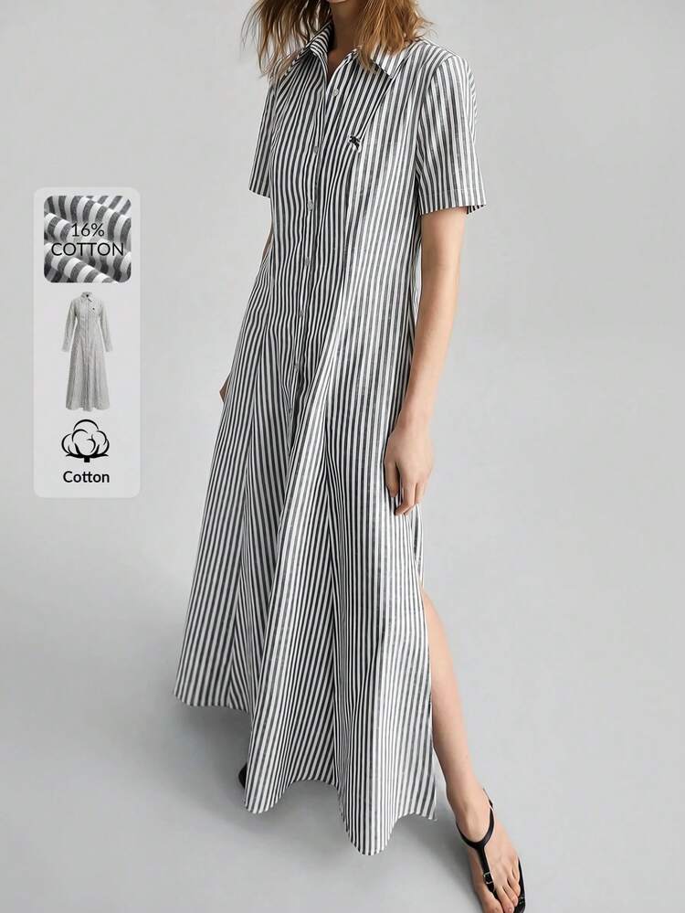 Women's Black And White Checkered Summer Classy Vacation Maxi Dress,Short Sleeve Collared Loose Fit A-Line Shirt Dress,Office Business Casual Wear