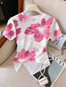 SHEIN LUNE Women's Round Neck Ruffle Floral Print Casual Versatile Daily Wear Short Sleeve T-Shirt - Multicolor - View 2