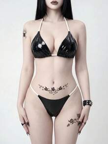ROMWE Goth Bộ bikini hai mảnh màu đen thanh lịch dành cho nữ, thích hợp cho kỳ nghỉ, tiệc tùng, đi biển, hàng mới về. - màu đen - Xem 4