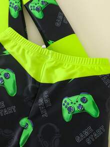 SHEIN Tween Boy Casual Fitted Video Game Glow-In-The-Dark Pattern Tankini 2 Pieces Swimsuit, Suitable For Spring/Summer, Beach Vacation - Multicolor - View 3