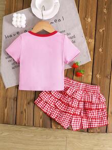 Set 2pcs/Set Kaos Kasual Rajut Warna Polos Kerah Bulat dan Celana Pendek Kotak-kotak untuk Anak Perempuan, - Merah - View 8