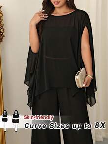 SHEIN CURVE+ Áo kiểu dự tiệc cỡ lớn thanh lịch màu trơn xuyên thấu cổ mở phía trên, áo đen cỡ lớn, áo xuyên thấu cỡ lớn, áo nữ mùa xuân, áo nữ cỡ lớn dáng rộng. - màu đen - Xem 1